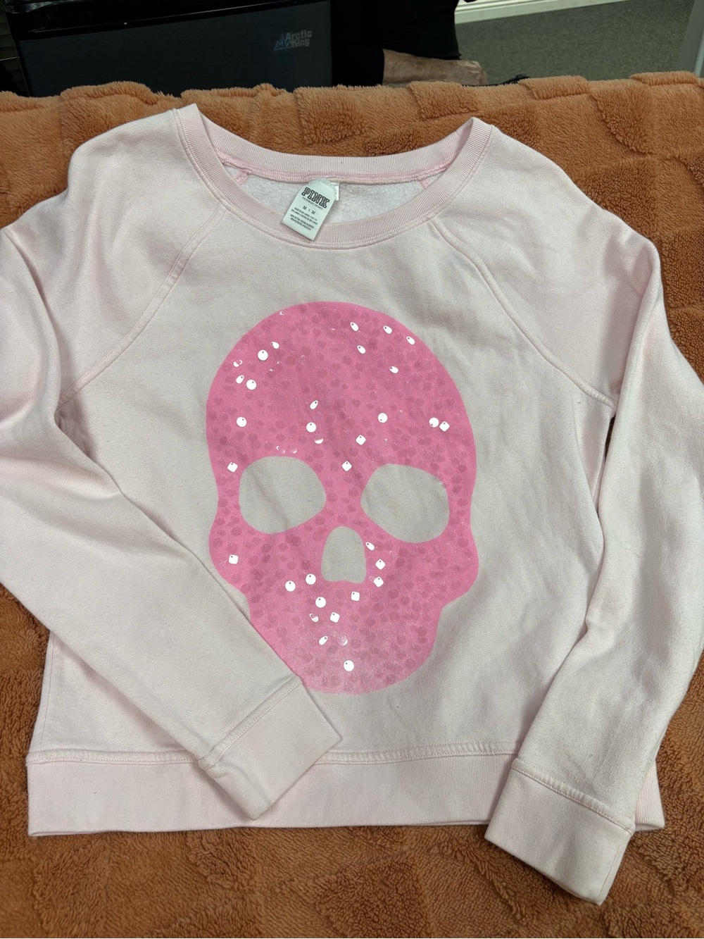 PINK Victoria's Secret Light Pink Sequin Skull Pullover